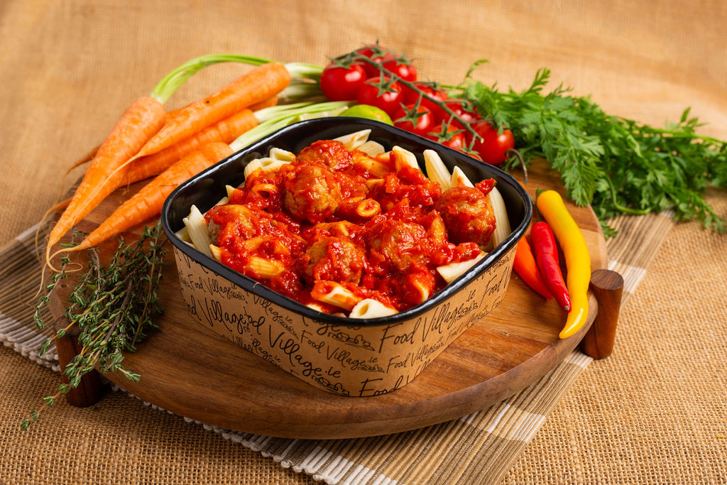Food Village School Meals Beef & Pork Meatballs with Tomato Sauce on top of Penne Pasta