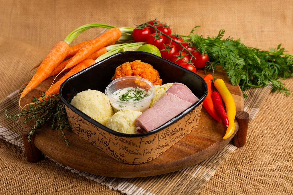 Food Village School Meals Baked Ham, Mash & Veg with Parsley Sauce