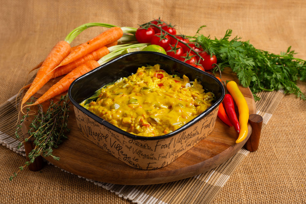 Food Village School Meals Vegetable Curry served on a bed of Rice